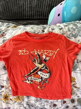 Ed Hardy Medium Short Sleeve Tee with Swallow Banner Graphic